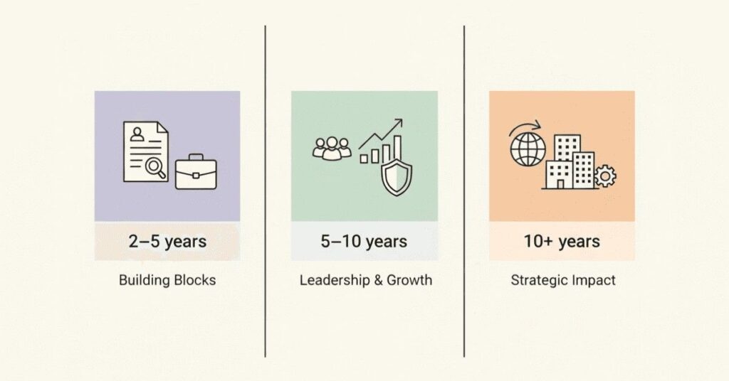 Three experience tiers: early career, mid-level, and senior professional icons.