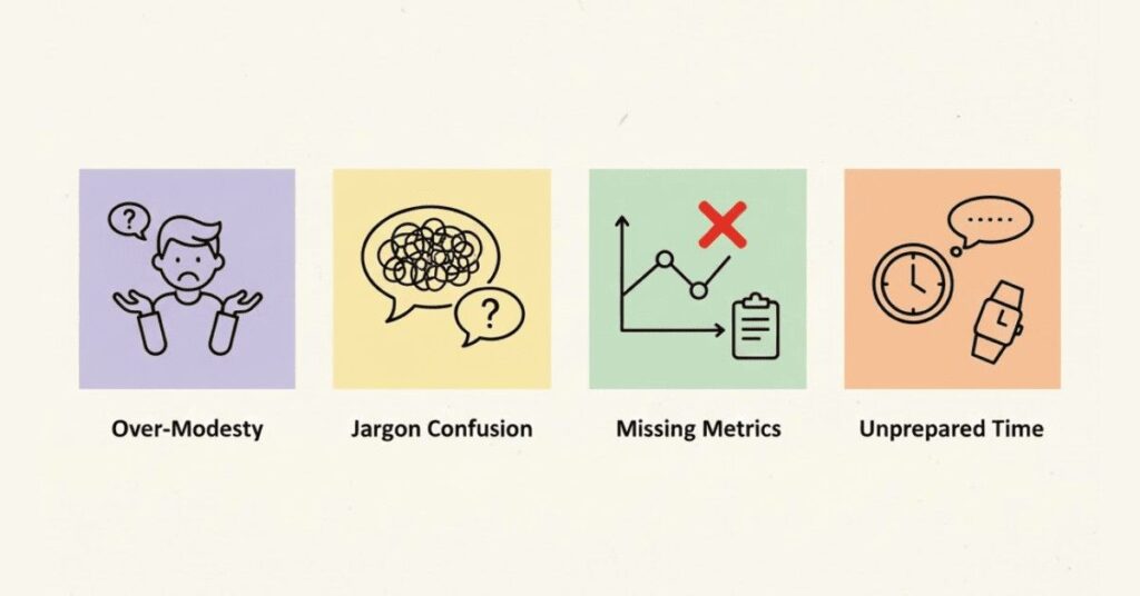 Icons representing modesty, jargon overload, weak metrics, and timing mistakes.