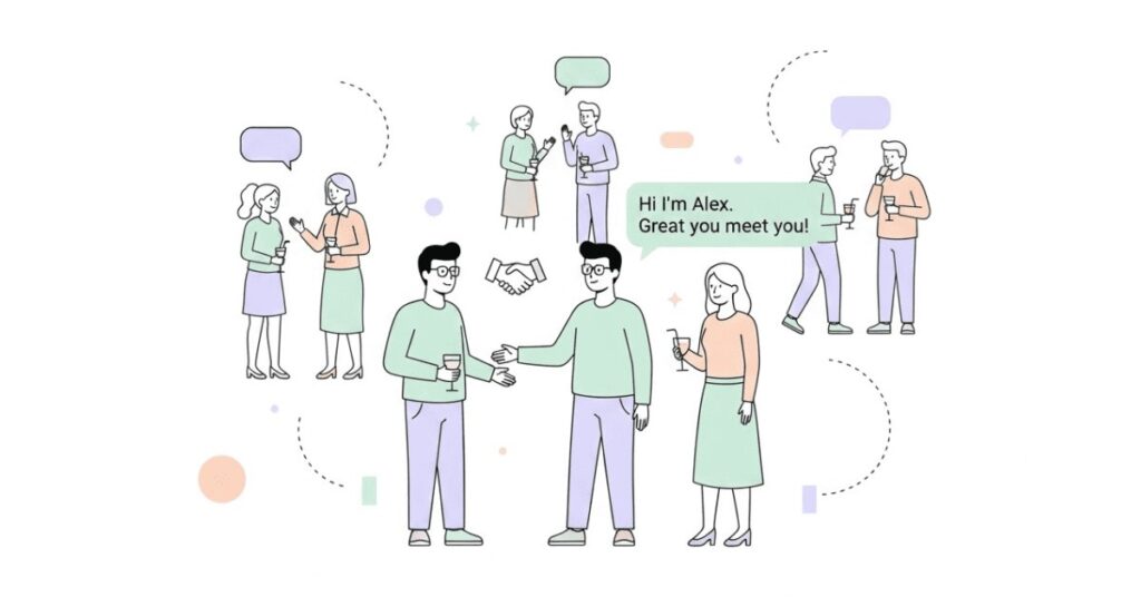 Professionals exchanging introductions at a networking event.