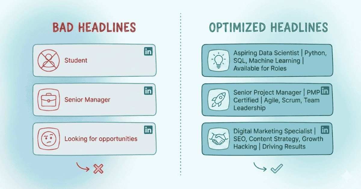 Good vs bad LinkedIn headline comparison showing optimized keyword-rich headline examples.