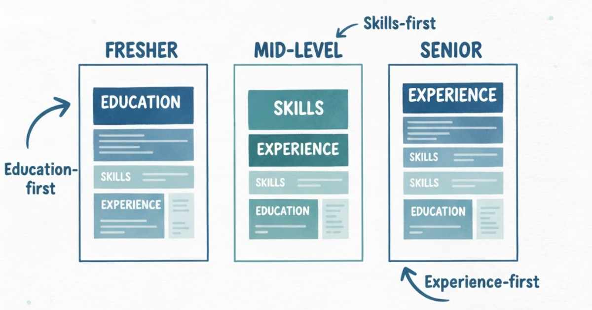 Hero banner showing fresher, mid-level and senior resume format differences.