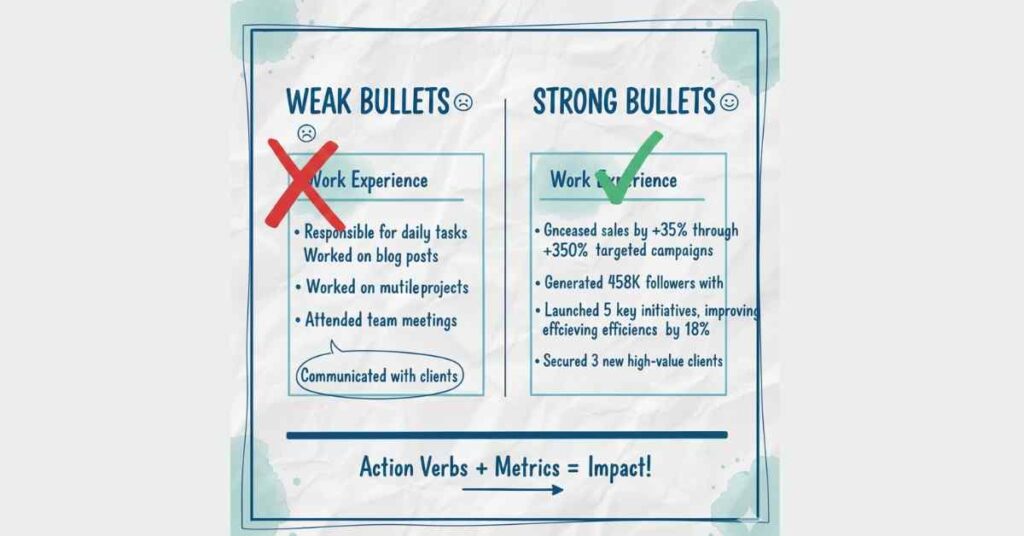 Comparison of weak passive resume bullets versus strong action-verb and metric-driven bullets.