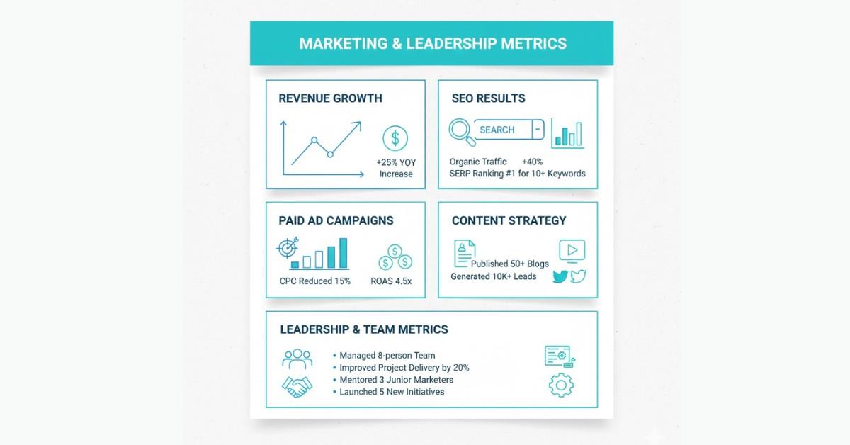 Graphic representing a digital marketing resume emphasizing SEO, campaigns, metrics, and leadership.