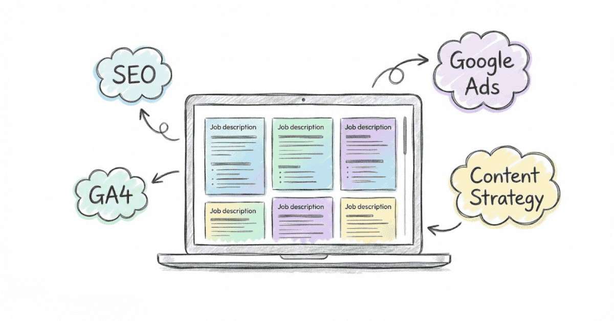 Illustration showing how to research job descriptions and extract relevant skills for LinkedIn.