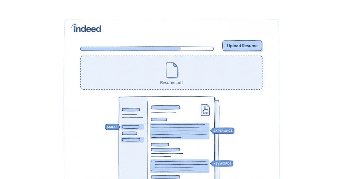 Illustration showing optimized Indeed resume with keywords and clear formatting.