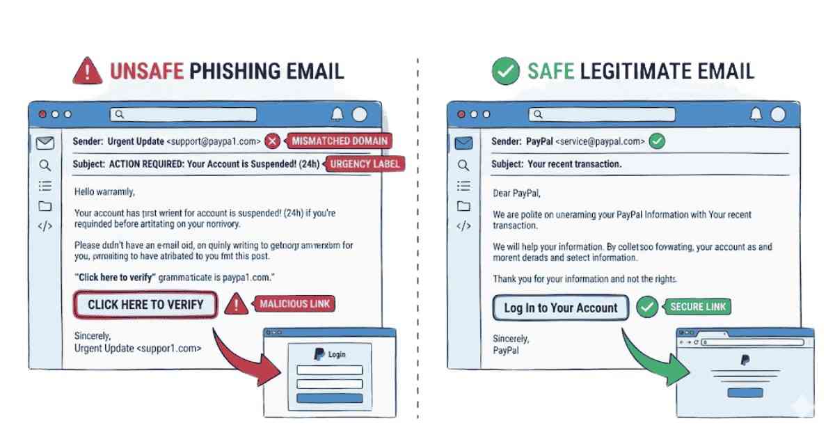 Illustration showing how to recognize phishing emails with red flags.