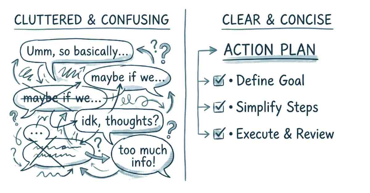 Illustration showing difference between unclear communication and clear, concise communication.