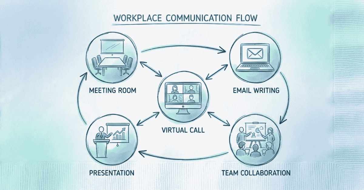 Graphic of how communication differs across meetings, emails, presentations, and virtual calls.