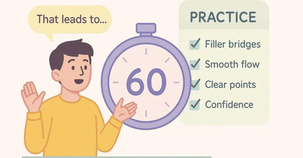 Student practicing rapid-speaking using filler frameworks and timed exercises.