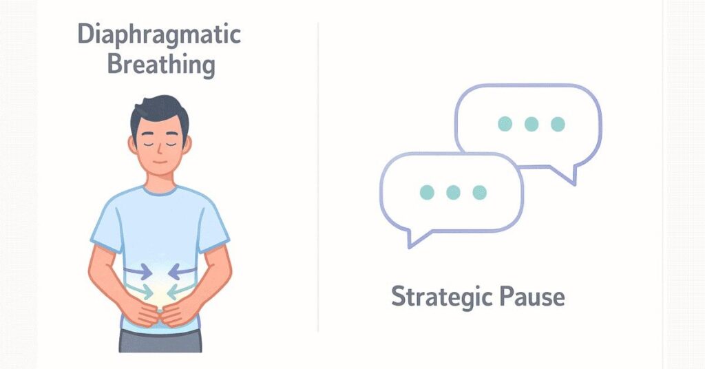 Visual showing diaphragmatic breathing and strategic pauses to improve JAM speaking.