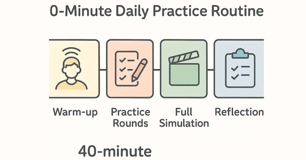 Daily JAM practice structure showing warm-up, practice rounds, and reflection