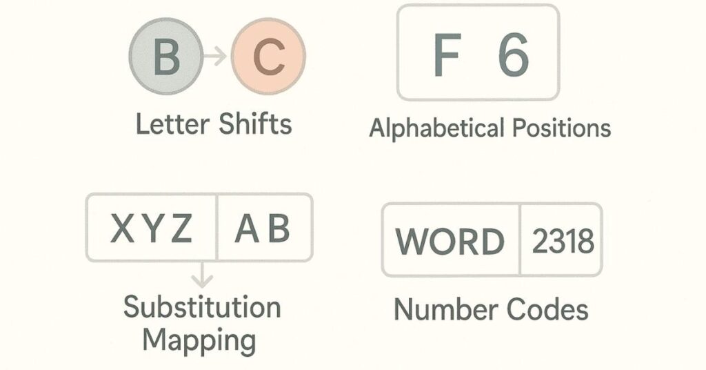 Infographic showing different types of coding-decoding patterns such as letter shifting and alphanumeric mapping.