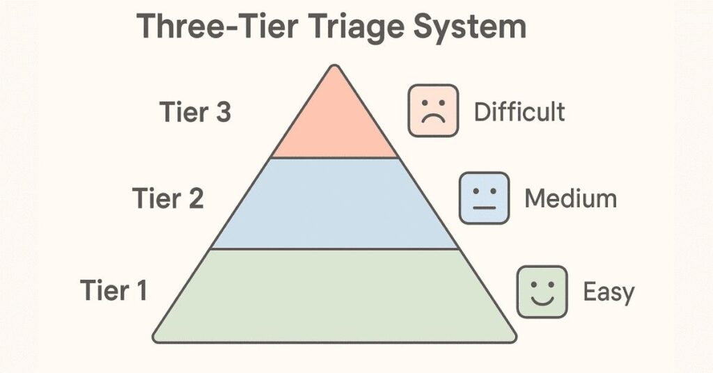 Visual representation of the Tier 1, Tier 2, Tier 3 question triage system for prioritizing exam questions.