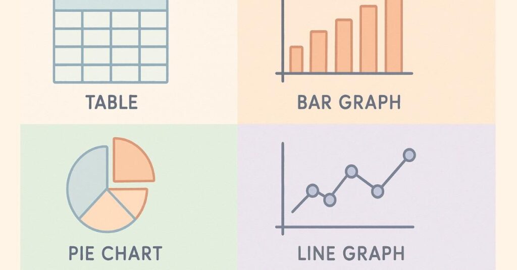 Four-block visual showing major data interpretation formats: tables, bar graphs, pie charts, line graphs.