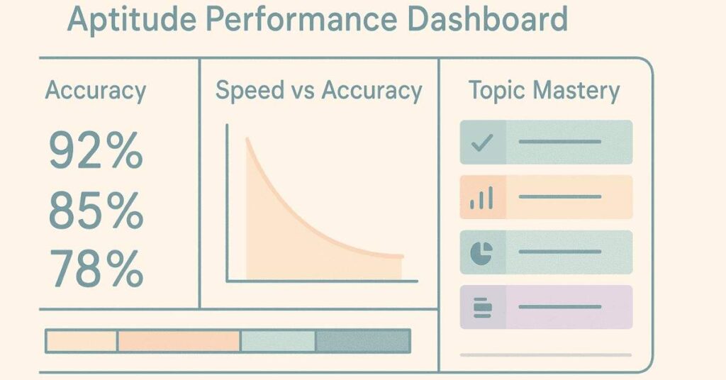 Dashboard visual showing accuracy, speed, and topic mastery metrics for aptitude preparation.