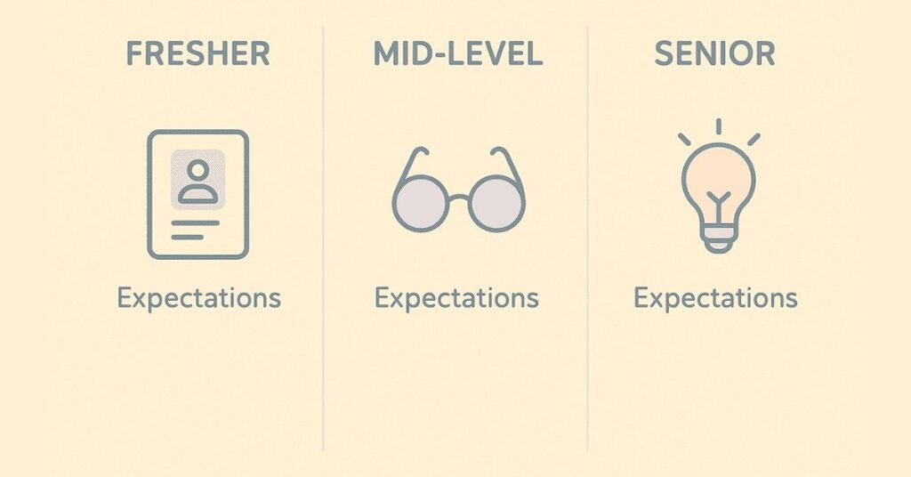 Fresher vs Mid-Level vs Senior HR expectations infographic