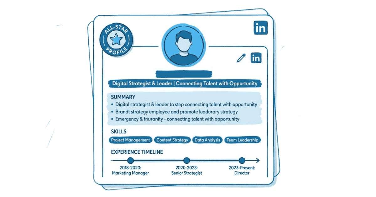 LinkedIn All-Star profile example showing complete profile elements like headline, photo, summary, and skills.