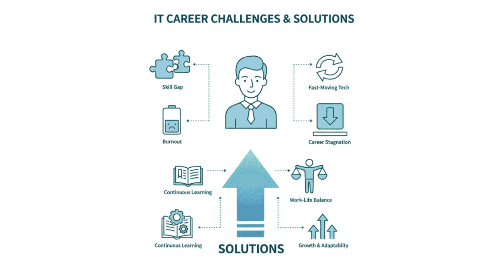 Common IT career challenges such as skill gaps, burnout, fast-changing technology, and stagnation.