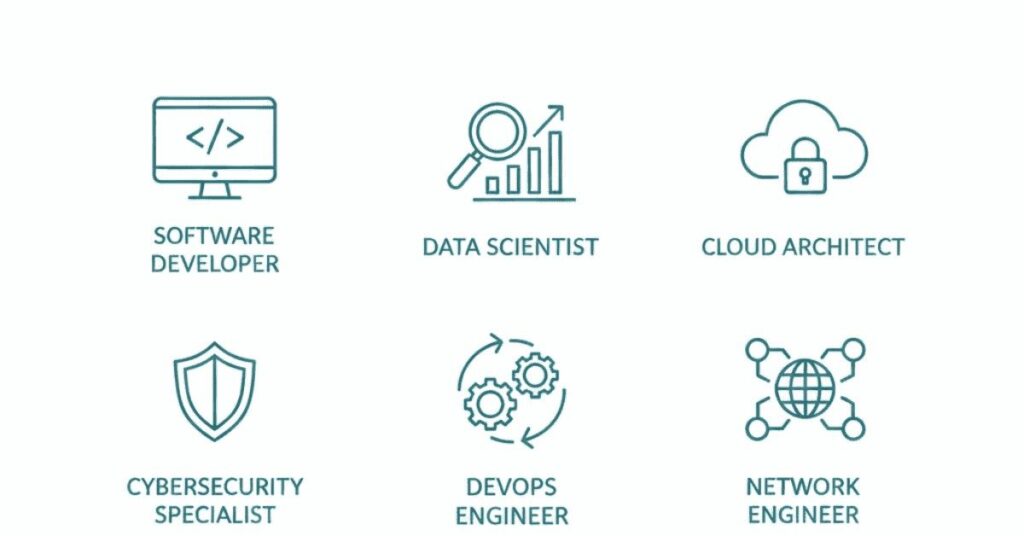 Different IT career roles such as software developer, data scientist, cloud and cybersecurity professional.